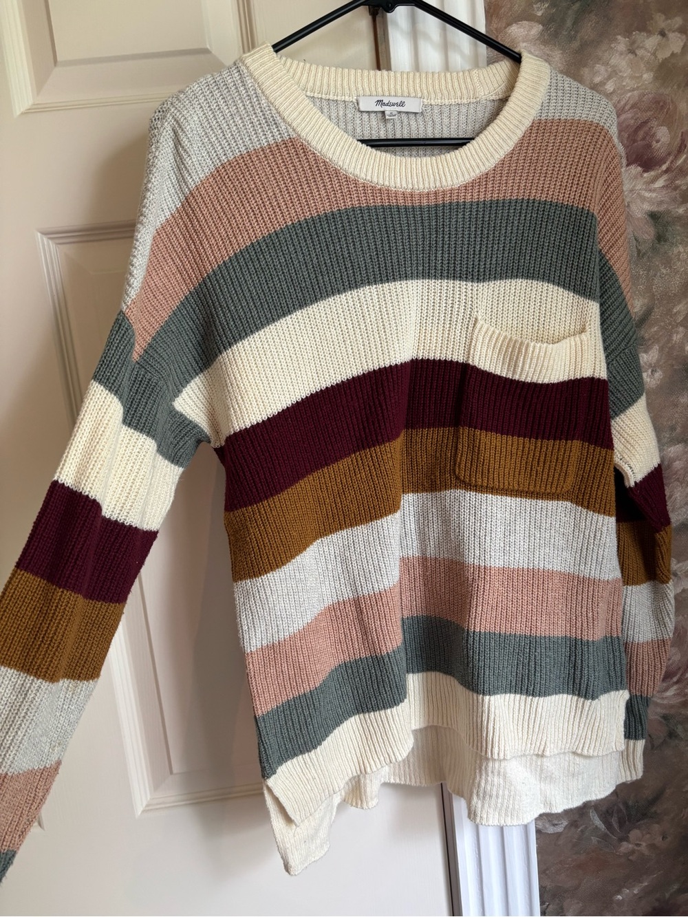 Madewell Cream Multistripe Crewneck Sweater with Pocket